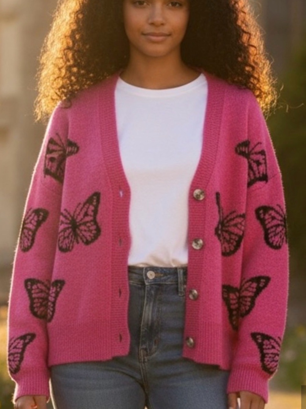 RUNWAY 7 cardigan sweater,oversized small, fuchsia pink,black butterflies.